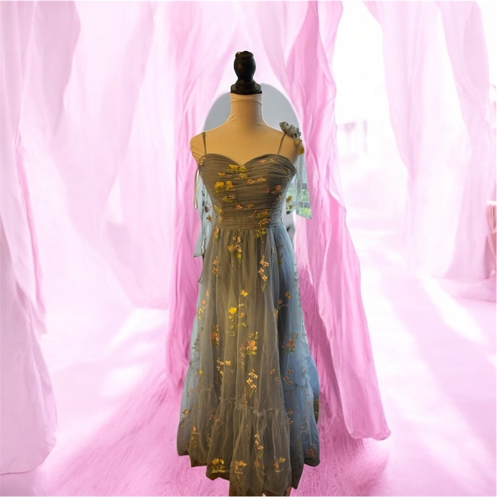Floral Embroidered Blue Dress - Picture 6 of 11